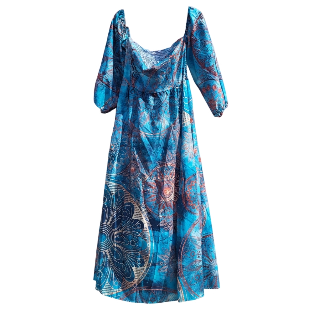 Blue Turquoise Red Mandala Boho Style Maxi Dress With Side Slit